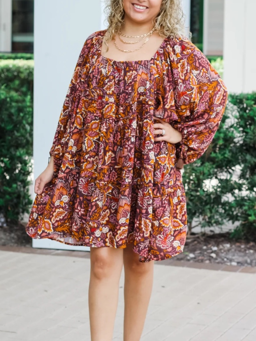 Boho Style Women's Small Mini Dress Floral Pattern Fall Flowy Ruffle Tiered